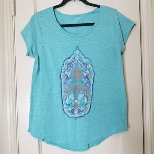 LUCKY BRAND green grafic short sleeve blouse L